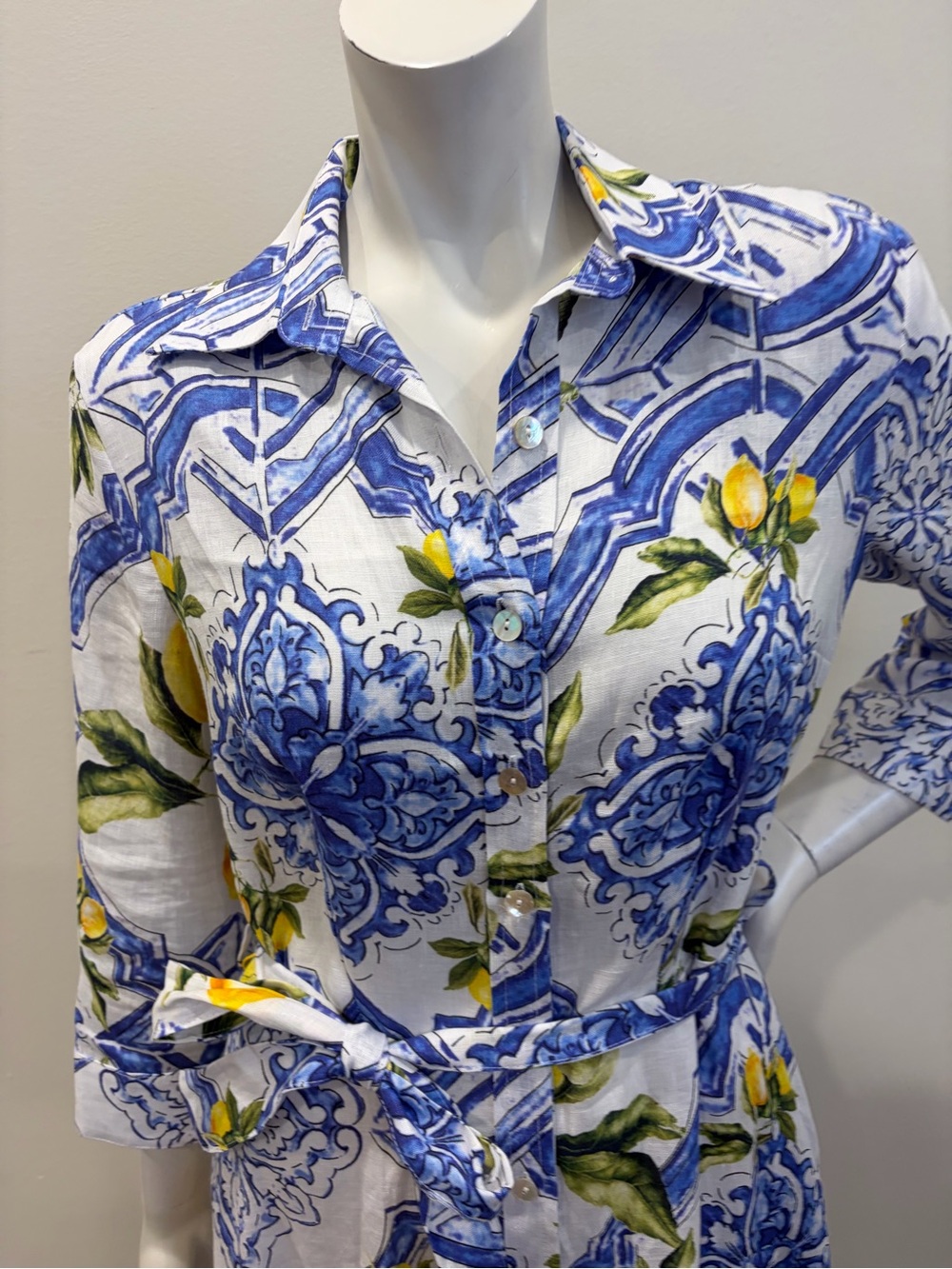 NWT IDILLIO POSITANO Linen Lemon Majolica Print Belted Button Up Shirt Dress - Picture 3 of 15